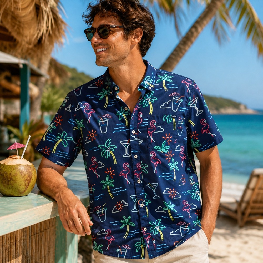 Chubbies Mens Tropical Neon Lights Button Down Shirt Size L Flamingo Palm Tree
